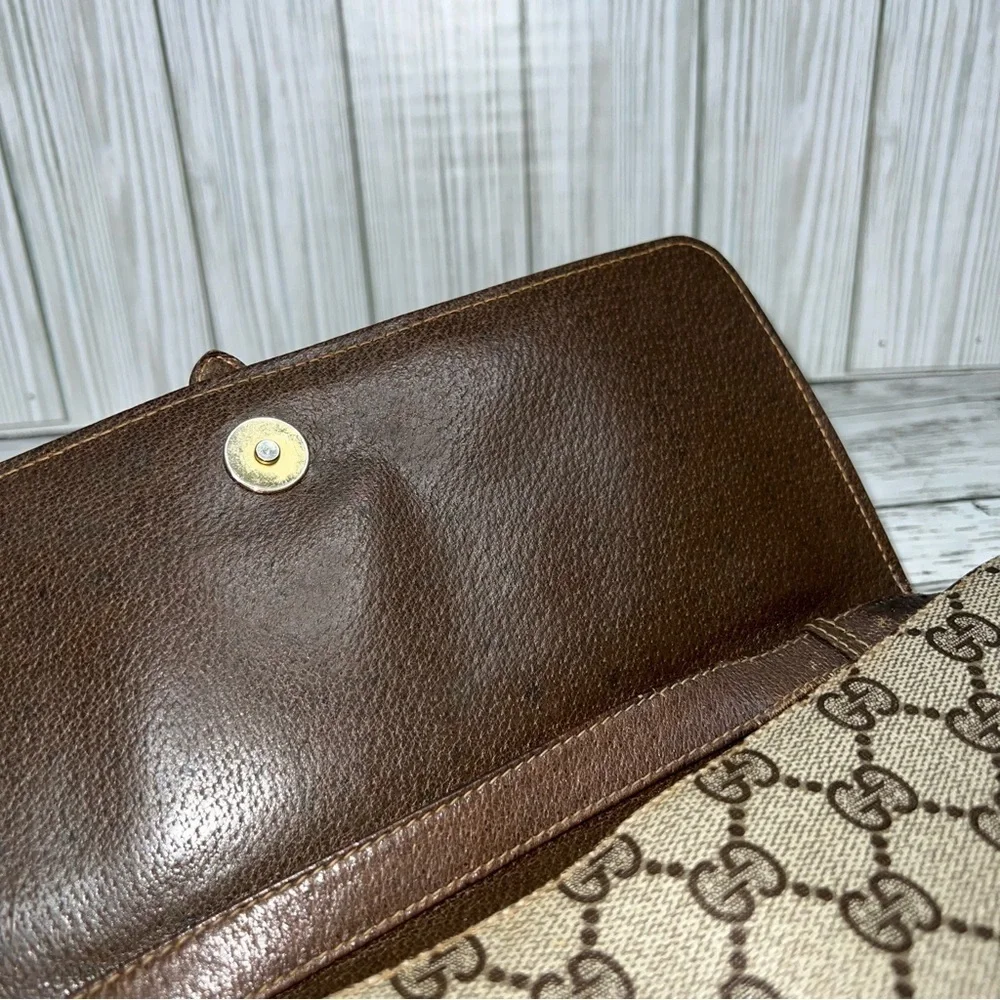 Gucci Vintage GG Monogram Canvas Crossbody Clutch Bag Brown Leather Trim - Picture 14 of 16